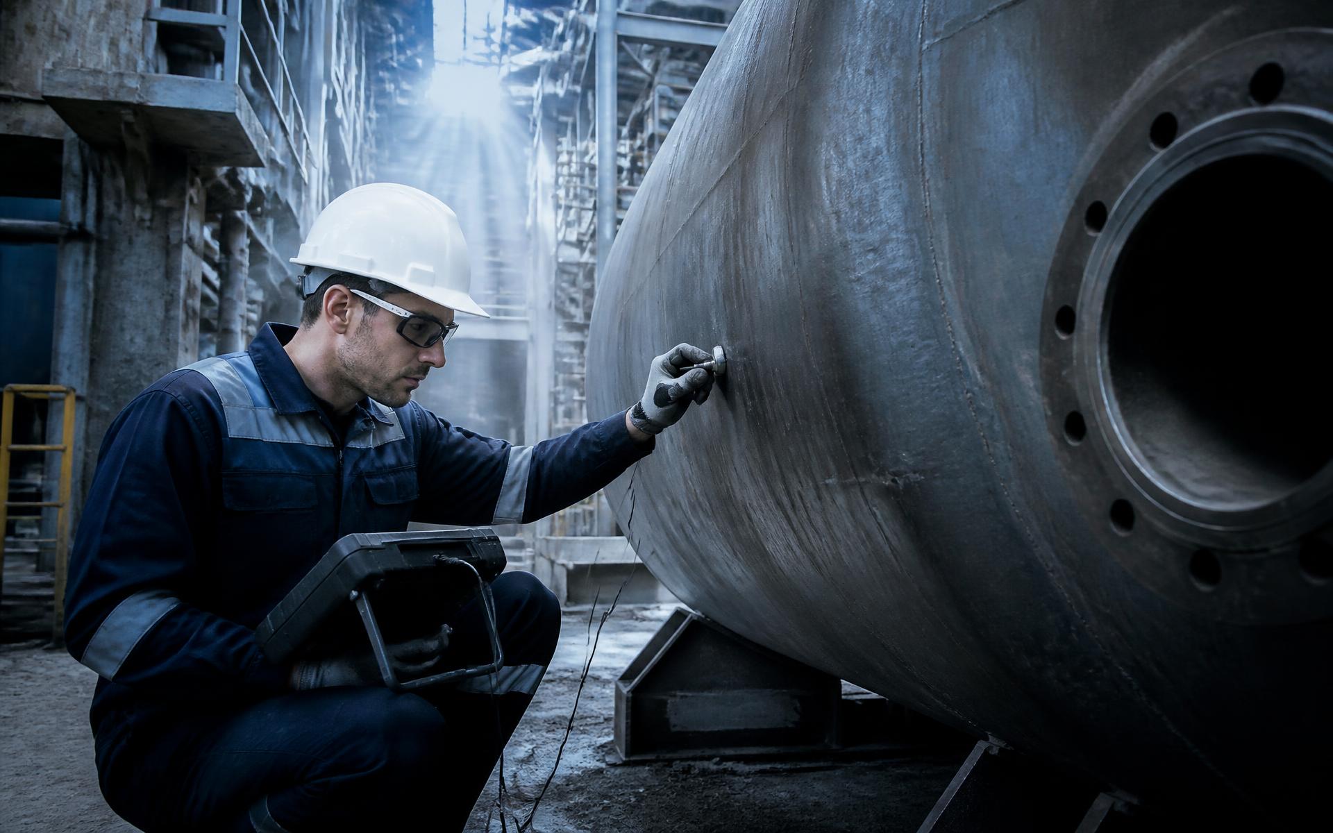 Técnico realizando ensaio não destrutivo por ultrassom em vaso de pressão industrial