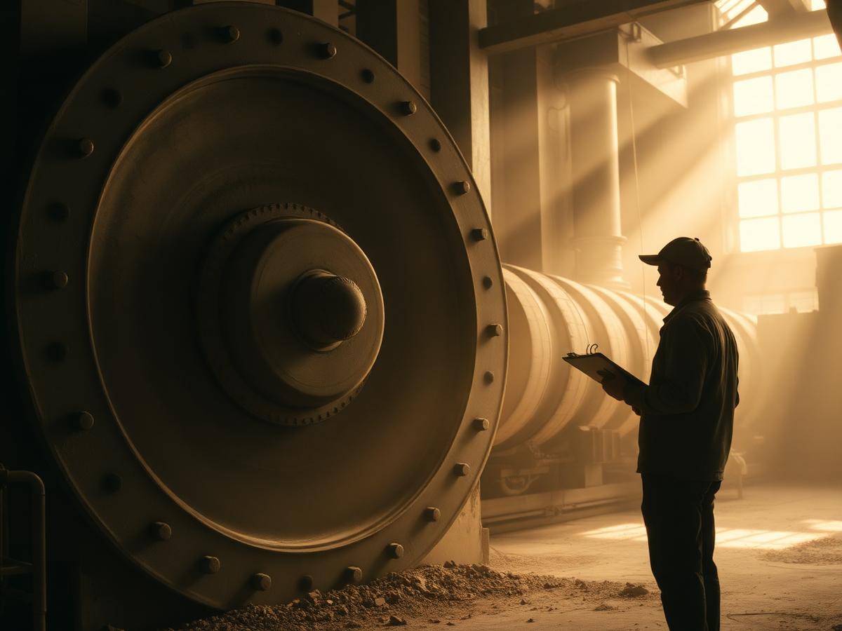 Forno rotativo e moinho de uma planta de cimento inspecionados por técnico