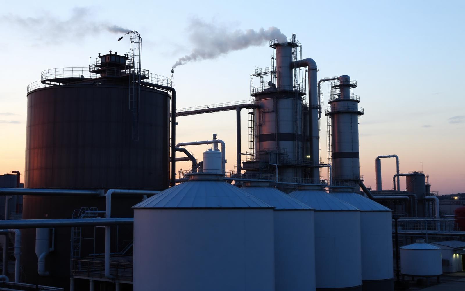 Tanques e colunas de uma planta de combustíveis e biodiesel