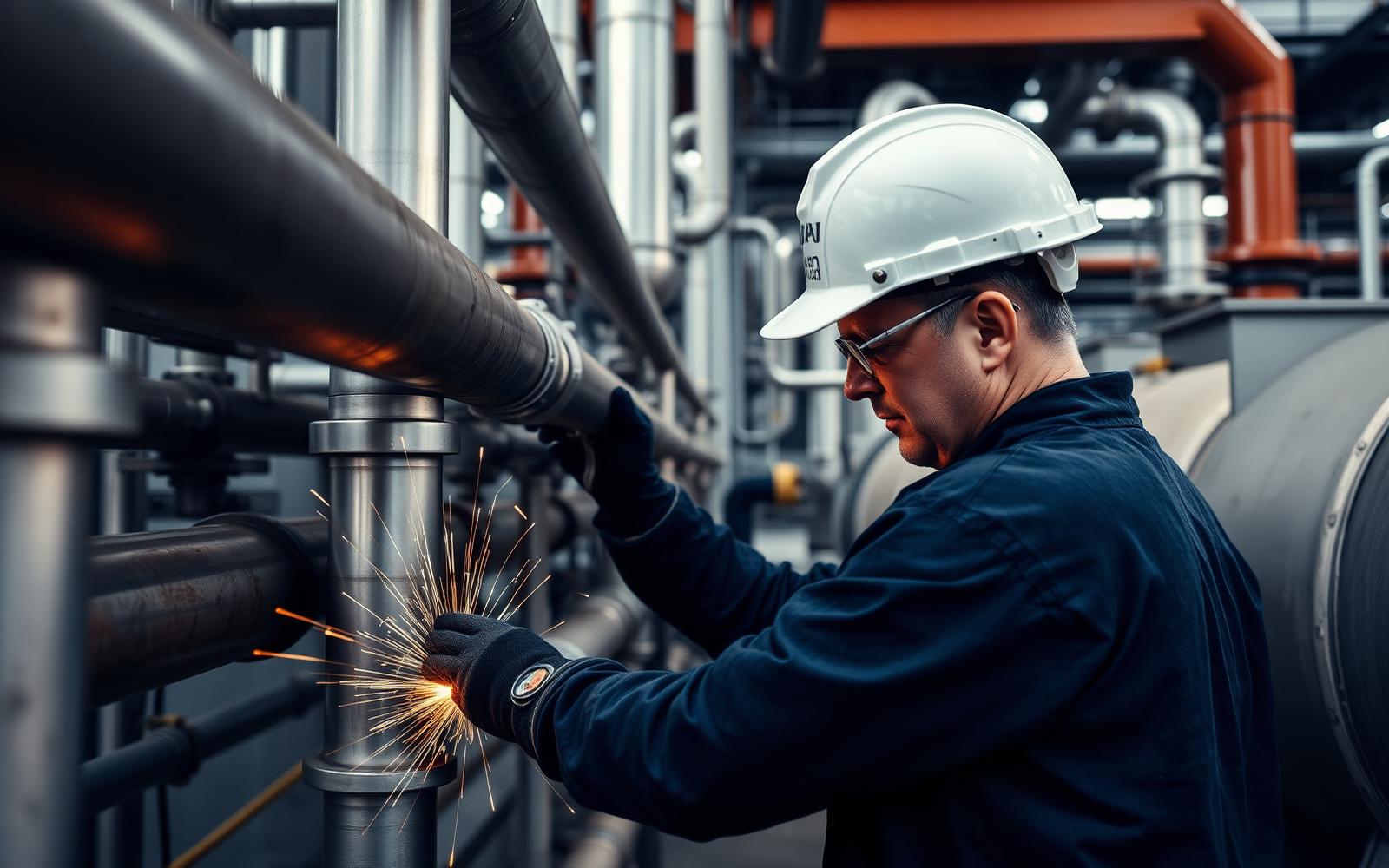 Técnico inspecionando tubulações e vasos de pressão em refinaria
