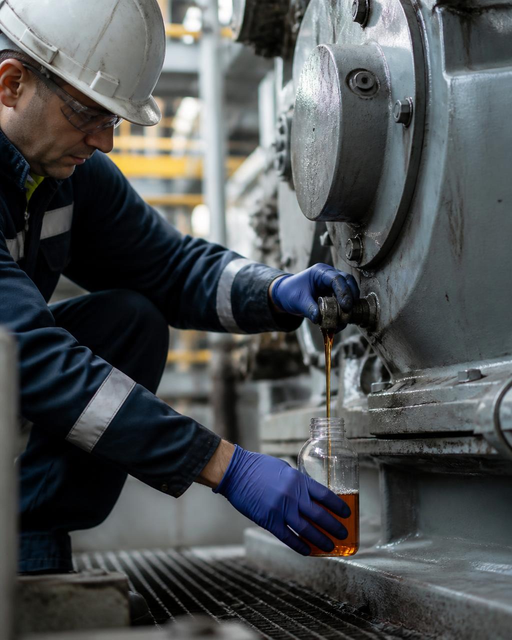 Técnico coletando amostra de óleo no ponto de dreno de um equipamento industrial