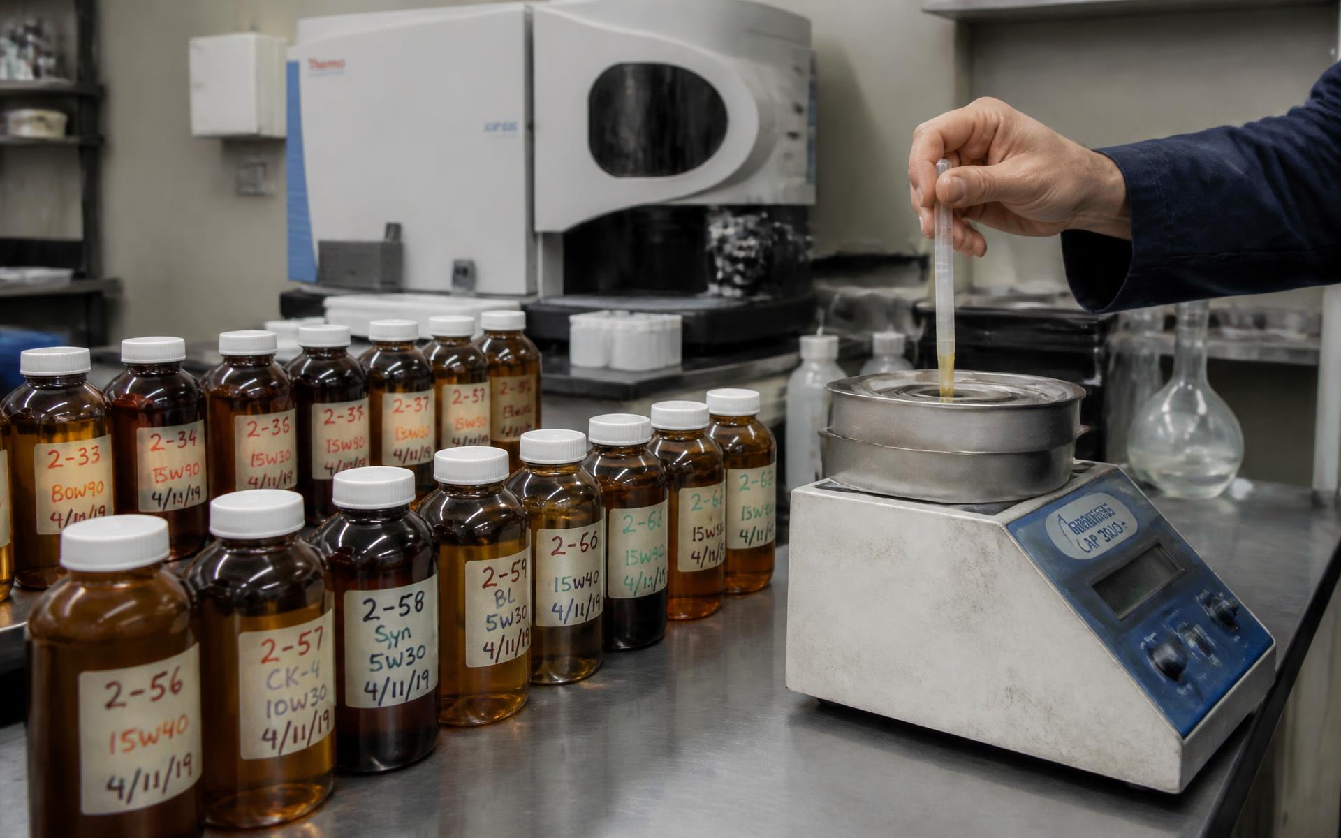 Amostras de óleo lubrificante identificadas em bancada de laboratório de análises